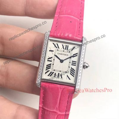 Cartier Tank Louis Replica White Dial Diamond Bezel Pink Leather Copy Watch